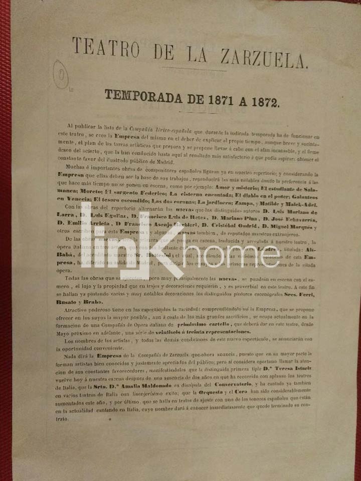 Programa Teatro de la Zarzuela 1871